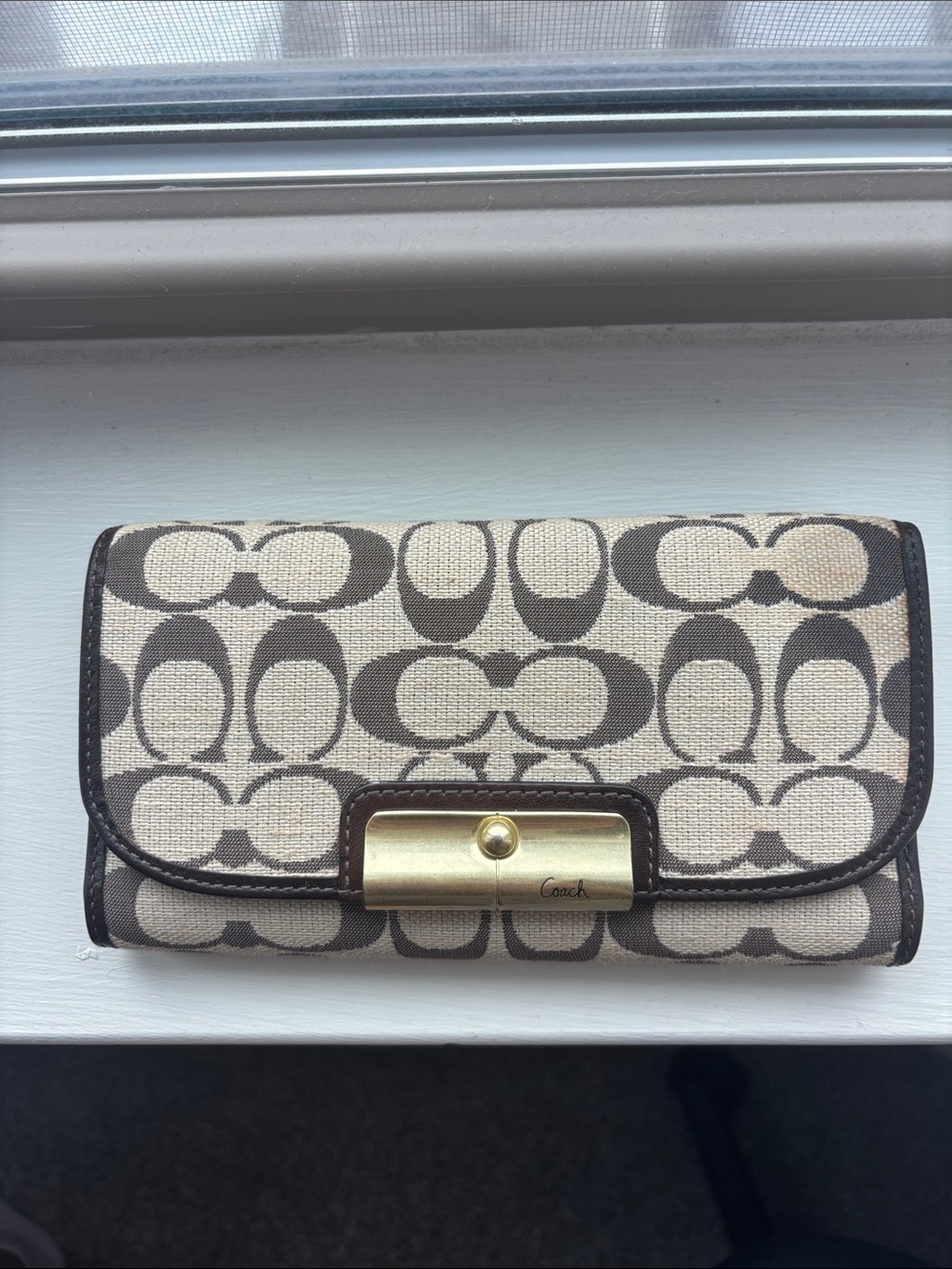 Coach Beige and Brown Signature Continental Wallet with Gold Accent
